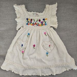 Handmade Peru Cotton Knit Dress Embroidery Toddler Size 4 Ladybugs Flowers